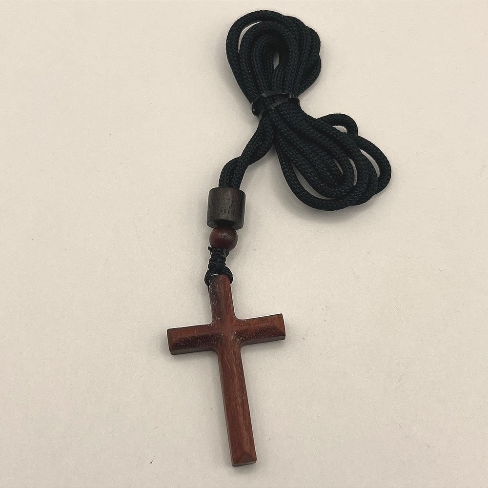 Vintage Handcrafted Wood Cross Necklace Brown Wood‎ Pendant Black Cord Religious